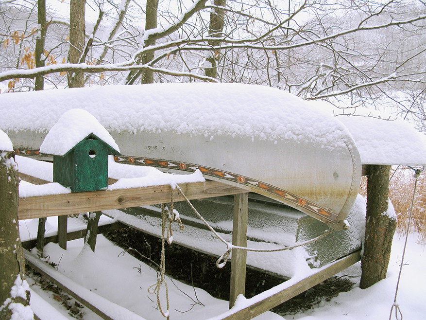 winter canoe and bird house